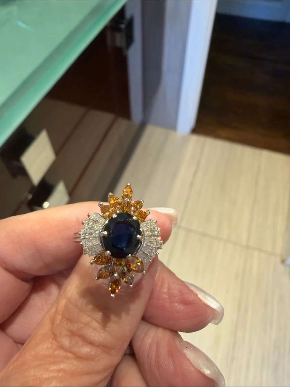 Vintage 18kWhite Gold Blue Sapphire Ring w/ Natural Orangey Diamonds & Baguett
